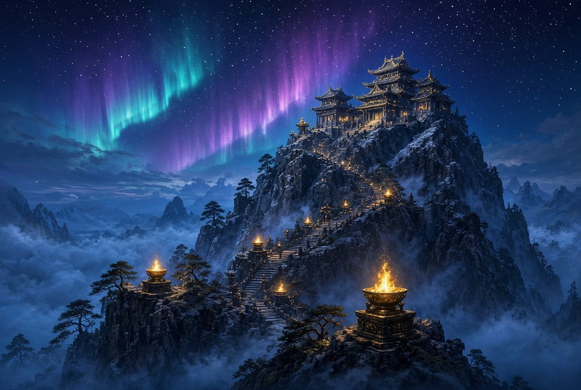 Tempel auf einem Gipfel unter Nordlichtern